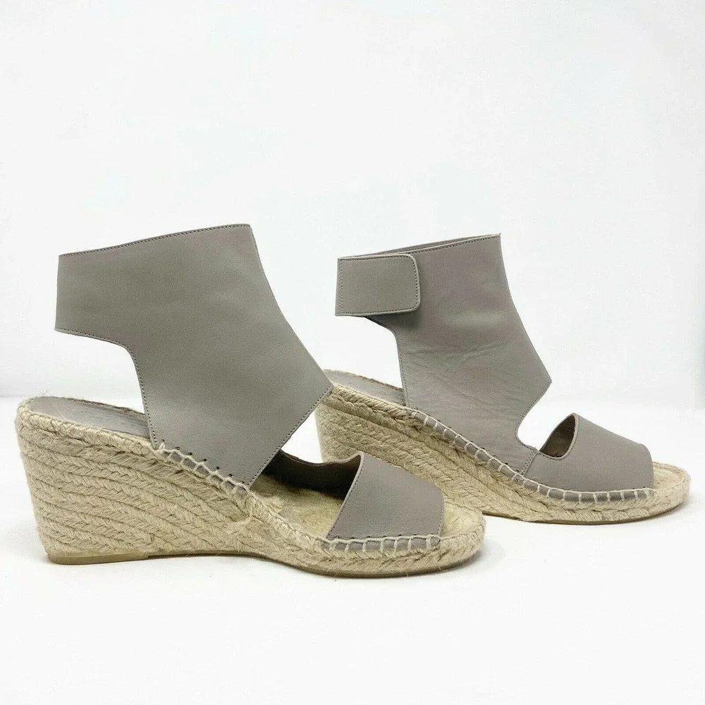 Vince Spencer Gray Leather Espadrille Wedge Sandals